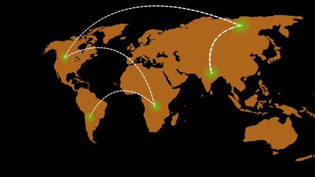 Animated route around the world. Pins appear on the blue map of the earth. Different places on the planet earth connected by a line concept of communication and travel.