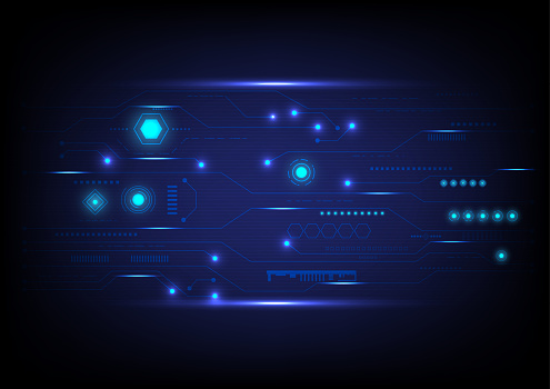 hi-tech technology abstract background
Numerous geometric shapes with circuit patterns shine brightly on the horizontal lines.
on a blue gradient background