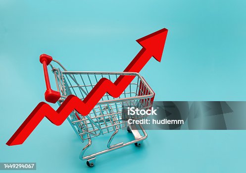 istock Shopping Cart with red up arrow symbol 1449294067