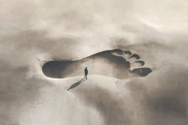 Illustration of a little man following huge footprints in the sand, surreal concept vector art illustration