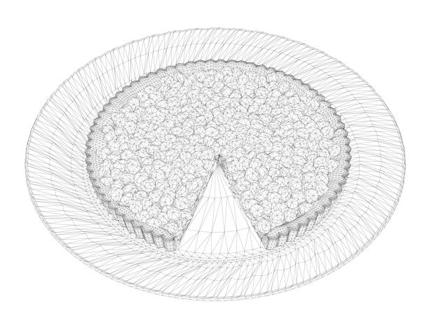 istock Wireframe of a pie with berries with a cut off piece on a plate from black lines isolated on a white background. Isometric view. 3D. Vector illustration. 1449294380