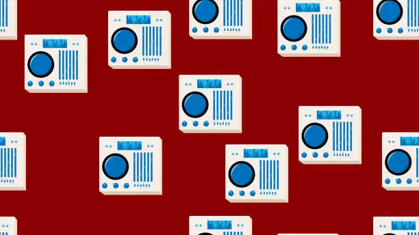 Vector illustration of Seamless pattern endless with music audio dj consoles with vinyl old retro vintage hipster from 70s, 80s, 90s isolated on red background. Vector illustration