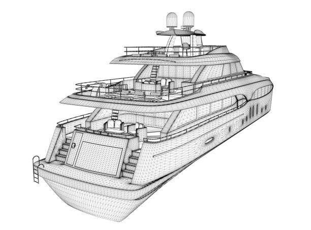 istock Wireframe of a large luxury yacht from black lines isolated on a white background. Back view. 3D. Vector illustration. 1449295185