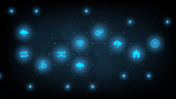 istock Technological background with flat icons and symbols. Concept and idea for the internet of things, communication, network, innovation technology, system integration. Vector illustration 1449296335