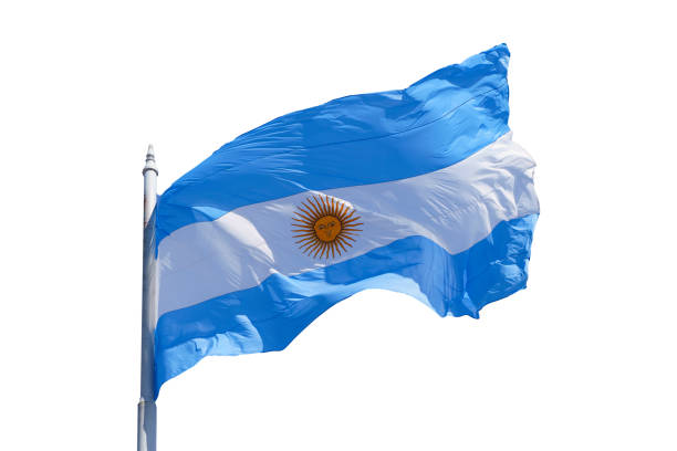 Argentine flag on a blank white background isolate. Blue and white National symbol of Argentinean culture and patriotism. High quality photo