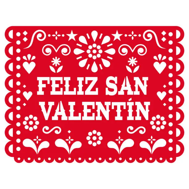 Vector illustration of Feliz San Valentin - Valentine's Day Papel Picado - Mexican paper cutout decoration vector design, fiesta decoration garland