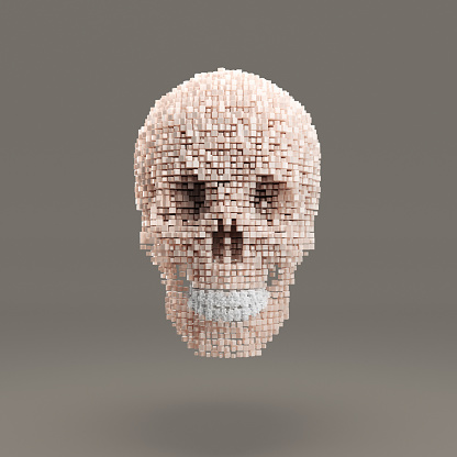 Futuristic data skull with teeth made of translucent cubes, 3d render.