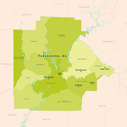 AL Tuscaloosa County Vector Map Green. All source data is in the public domain. U.S. Census Bureau Census Tiger. Used Layers: areawater, linearwater, cousub, pointlm.