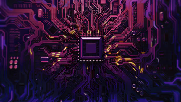 istock Circuit Red and yellow lines Board Background - Copy Space 1449305012
