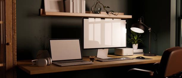 istock side view, Modern stylish workstation with PC computer against the dark green wall. 1449305181
