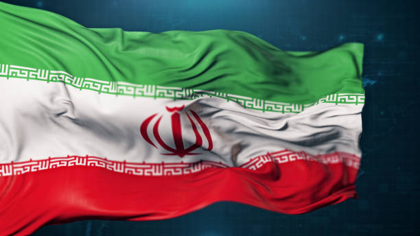 bandera de irán sobre fondo azul oscuro - iranian flag fotografías e imágenes de stock