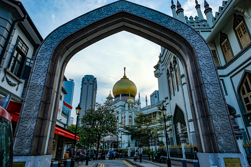 Singapore City, Singapore - December 2022: Views of the Sultan Mosque in Kampong Glam on December 5, 2022 in Singapore City, Singapore.