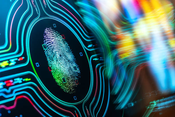 fingerprint authentication button. biometric security - biometrics imagens e fotografias de stock