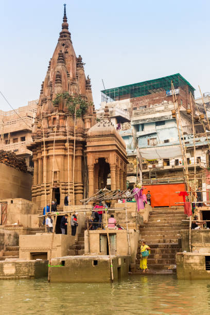 Historic temple at the river Ganges in Varanasi stock photo