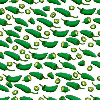 Seamless pattern with Green Jalapeño chili peppers. Jalapeno. Capsicum annuum. Chili pepper. Vegetables. Cartoon style. Vector illustration isolated on white background.