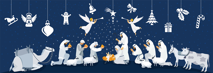 O Holy Night!  Nativity Scene. The Birth of Christ.  Christmas night. Three wise men. Shepherd. Christmas Ball. Christmas ornament elements hanging.