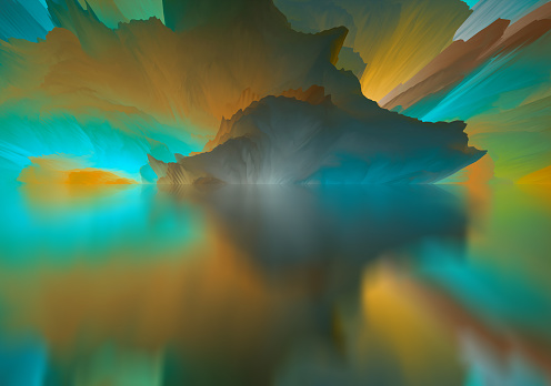 Landscape of surreal lake. Magical Abstract world. 3d illustration.