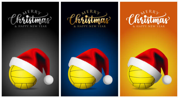 ilustrações de stock, clip art, desenhos animados e ícones de christmas water polo or volleyball ball and santa claus hat - merry christmas sports greeting card - vector design illustration on backgrounds - new years party time