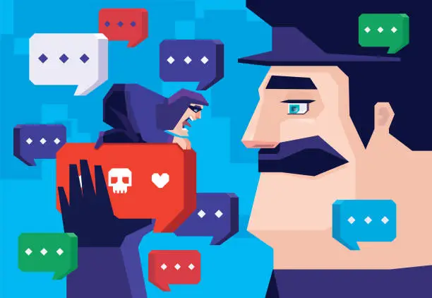 Vector illustration of security guard holding skull speech bubble with screaming scammer