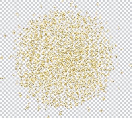 Vector illustration of gold glitter confetti on transparent background.