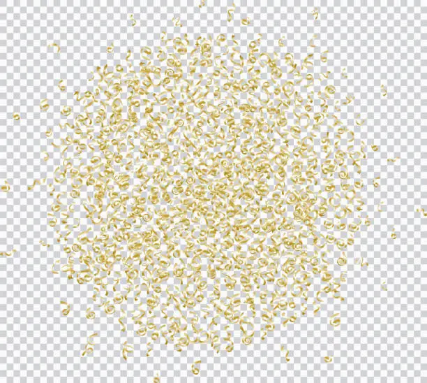 Vector illustration of Gold glitter confetti on transparent background. Party decoration.