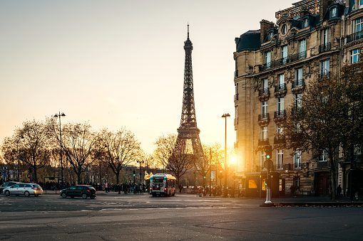 Sunset view to Eiffel Tower at Dawn, Paris, France