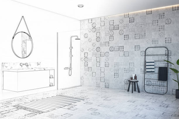 istock Modern bathroom design project becomes a reality with dark metallic towel holder and small soap table on ceramic tiles wall background. 3D rendering 1449313256