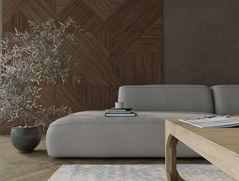 Japandi Style Living Room Interior Design. 3D Rendering.