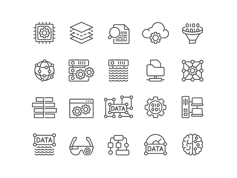 Data, big data, analyzing, artificial intelligence, machine learning, icon, icon set, editable stroke, outline, computer chip, automated, diagram, technology, business, data center, finance, global business, cloud computing