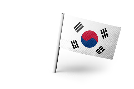 National flag of South Korea waving 3D Render with flagpole and blue sky, Flag of the Republic of Korea textile Gojong, coat of arms South Korea independence day, Taegukgi Korean Empire. illustration