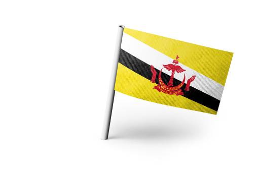 Small paper flag Brunei pinned. Isolated on white background. Horizontal orientation. Close up photography. Copy space.