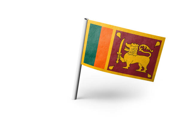 Small paper flag of Sri Lanka pinned. Isolated on white background. Horizontal orientation. Close up photography. Copy space.