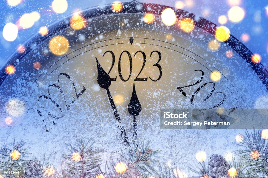 Countdown to midnight 2023 Countdown to midnight. Retro style clock counting last moments before Christmas or New Year 2023 2022 Stock Photo