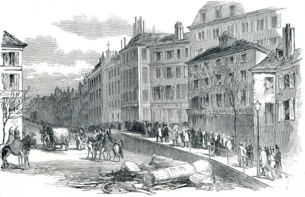 rewolucja francuska napoleona iii, zamach stanu, barykada na boulevard bonne nouvelle - royalty free illustrations stock illustrations