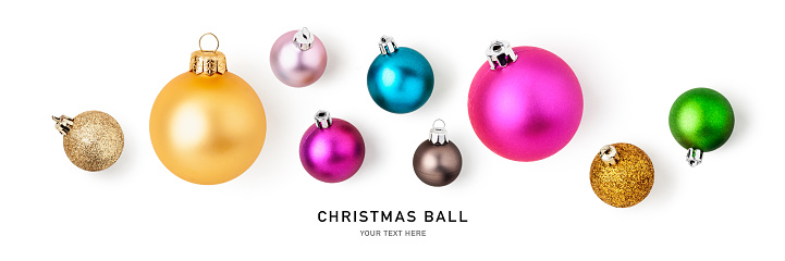 Christmas baubles, colorful balls creative layout and banner isolated on white background. Design element. Holiday decoration. Flat lay, top view