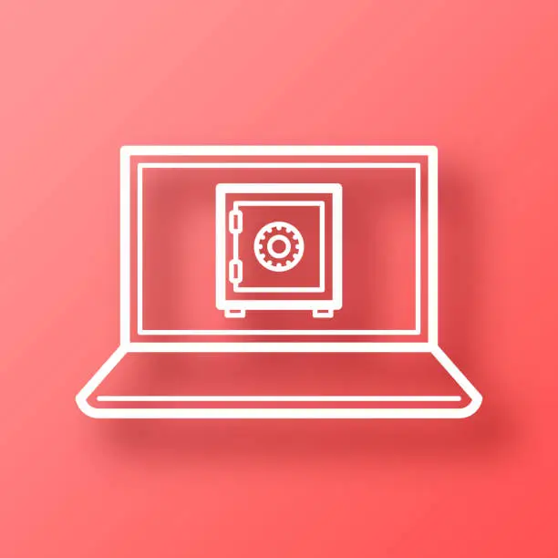 Vector illustration of Laptop with safe box. Icon on Red background with shadow