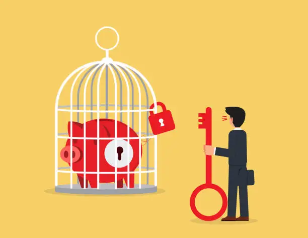 Vector illustration of Piggy Bank in large birdcage. businessman holding a key looking at a piggy bank in a cage
