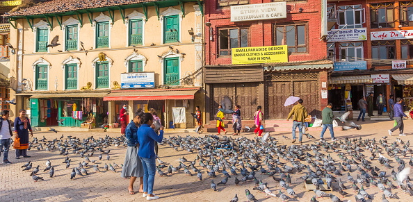 Panorama of people and pigeons at the Boudha Stupa in Kathmandu, Nepal