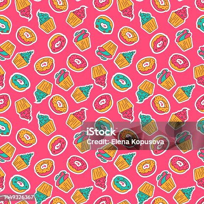 istock Baking seamless pattern in flat style. Beautiful decorative desserts and dough pastries on a colorful abstract background. 1449326367