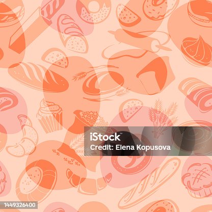 istock Baking seamless pattern in flat style. Beautiful decorative desserts and dough pastries on a colorful abstract background. 1449326400