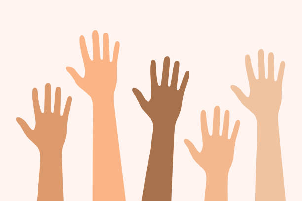 illustrazioni stock, clip art, cartoni animati e icone di tendenza di mani diverse multietniche alzate - human hand hand raised volunteer arms raised