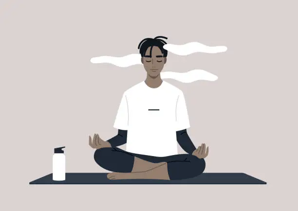 Vector illustration of Young calm male African character meditating in a lotus yoga pose, a mindful lifestyle concept