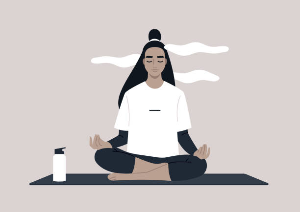 bildbanksillustrationer, clip art samt tecknat material och ikoner med young calm female character meditating in a lotus yoga pose, a mindful lifestyle concept - kvinna fokus