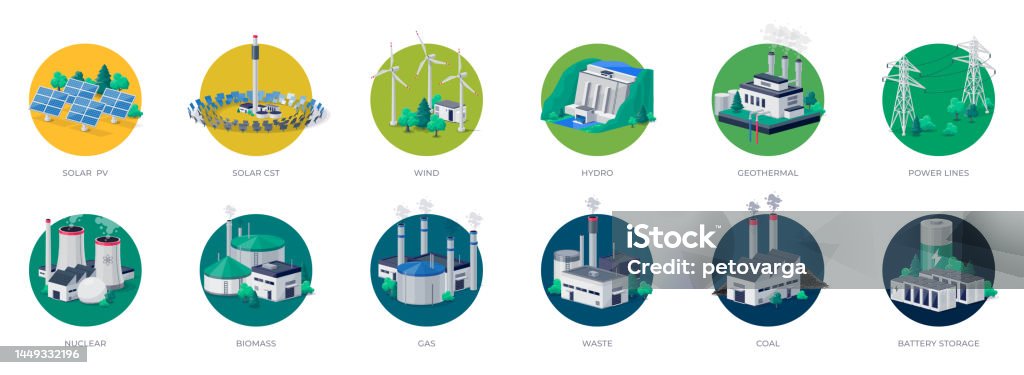 Different Power Sources Electric Energy Power Station Generation Types Source Mix With Battery ...