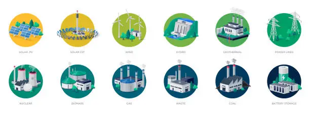 Vector illustration of Electric energy power station generation types source mix with battery storage power lines