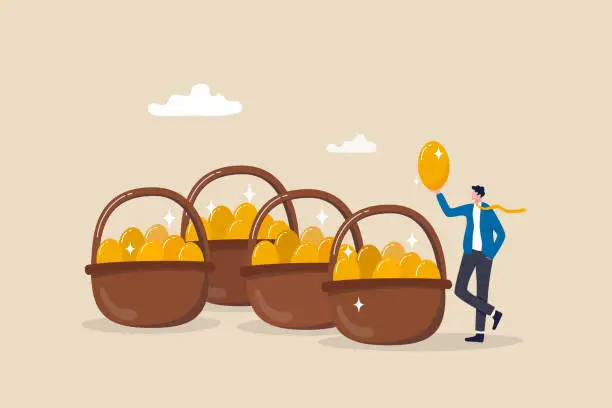 Vector illustration of Diversification, investment portfolio strategy to reduce risk and maximize return, earning and profit, asset allocation concept, businessman holding golden eggs diversify by putting in many baskets.