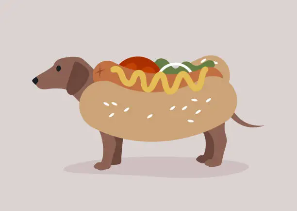 Vector illustration of A sausage dog wearing a hotdog costume decorated with sesame seeds, tomato, lettuce, onion, and mustard