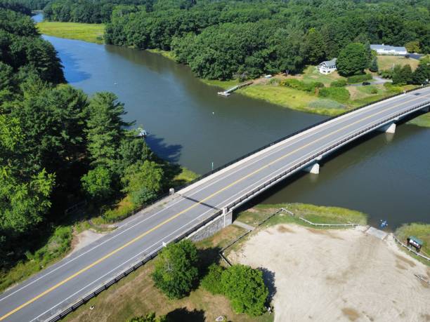 Aerial view of a river with a bridge