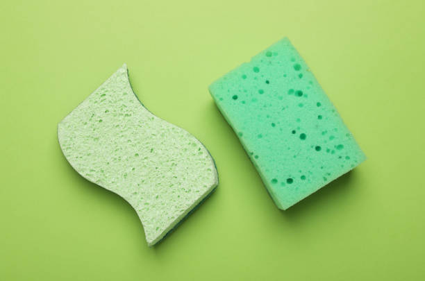 istock Color sponges on green background, flat lay 1449335124