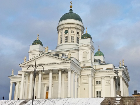 A view of the Helsinki Cathedral on a winter day in Finland.